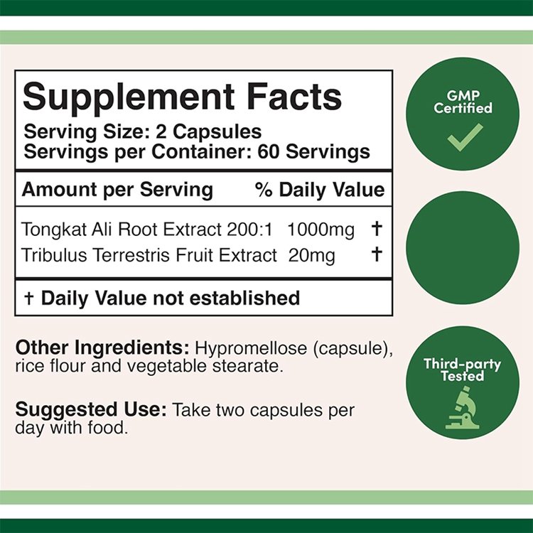 Eurycoma Longifolia Men's Health Support with 20mg Tribulus Terrestris 120 Capsules Tongkat Ali Extract 200 to 1 for Men