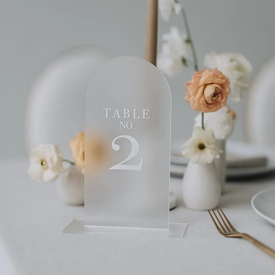 Custom Frosted Arch Acrylic Wedding Table Numbers Sign Holder with Stands Place Cards & Table Markings