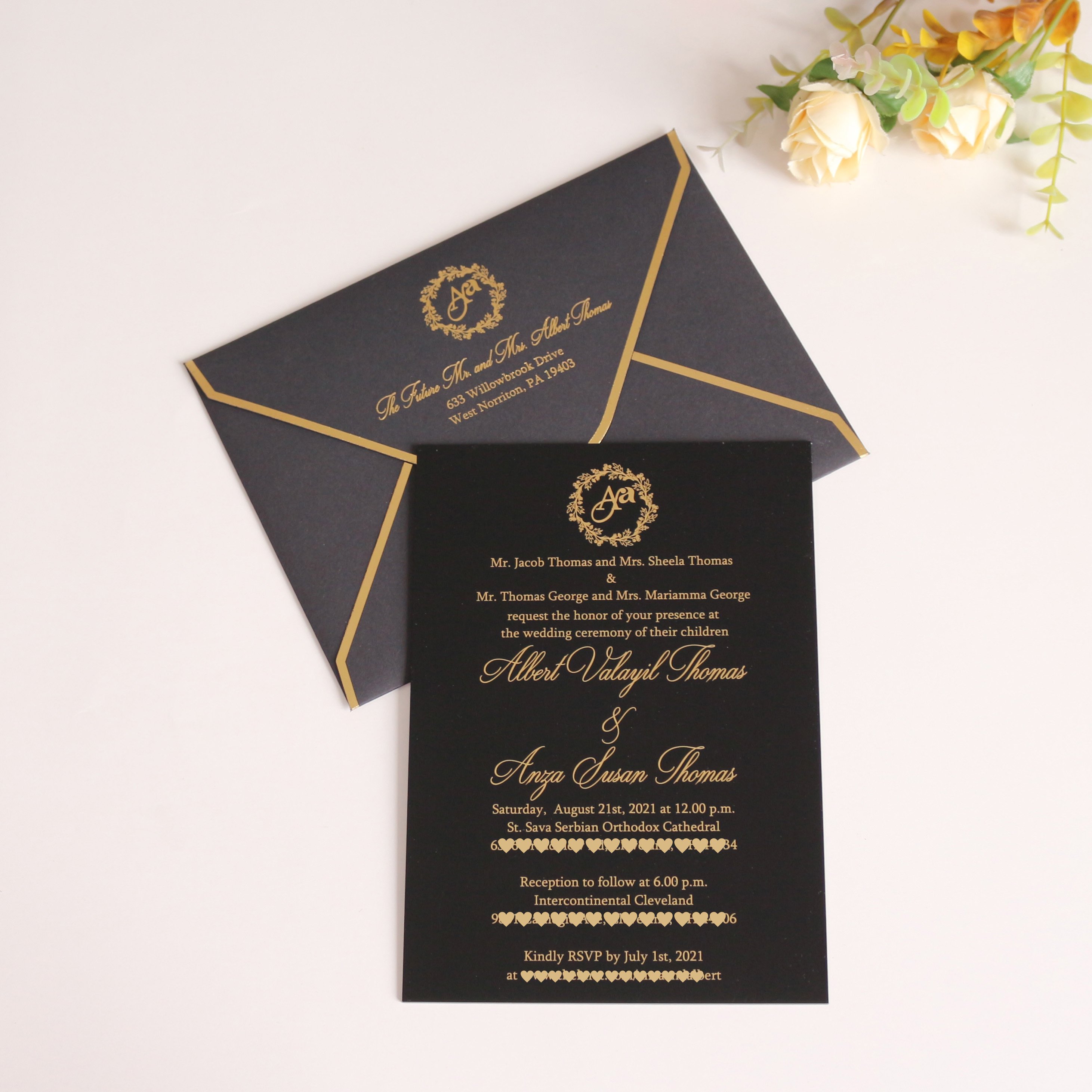 Classic timeless black acrylic place card wedding party invitation cards and RSVP card