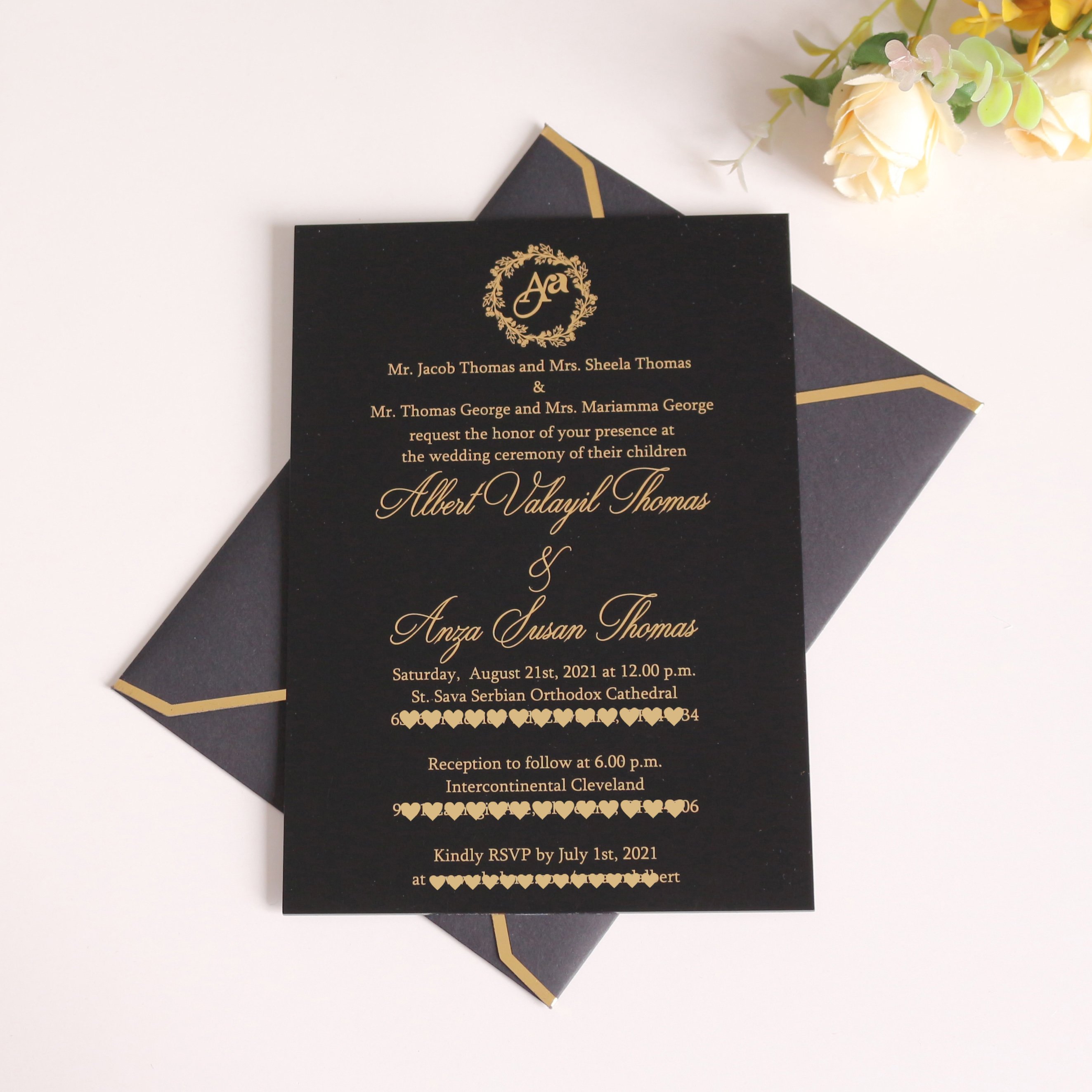 Classic timeless black acrylic place card wedding party invitation cards and RSVP card