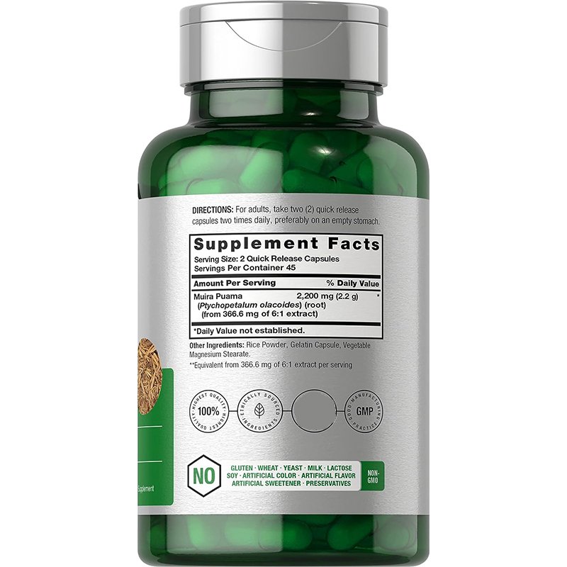 Muira Puama Root Extract 2200 mg 90 Capsules Non GMO, Gluten Free Supplement