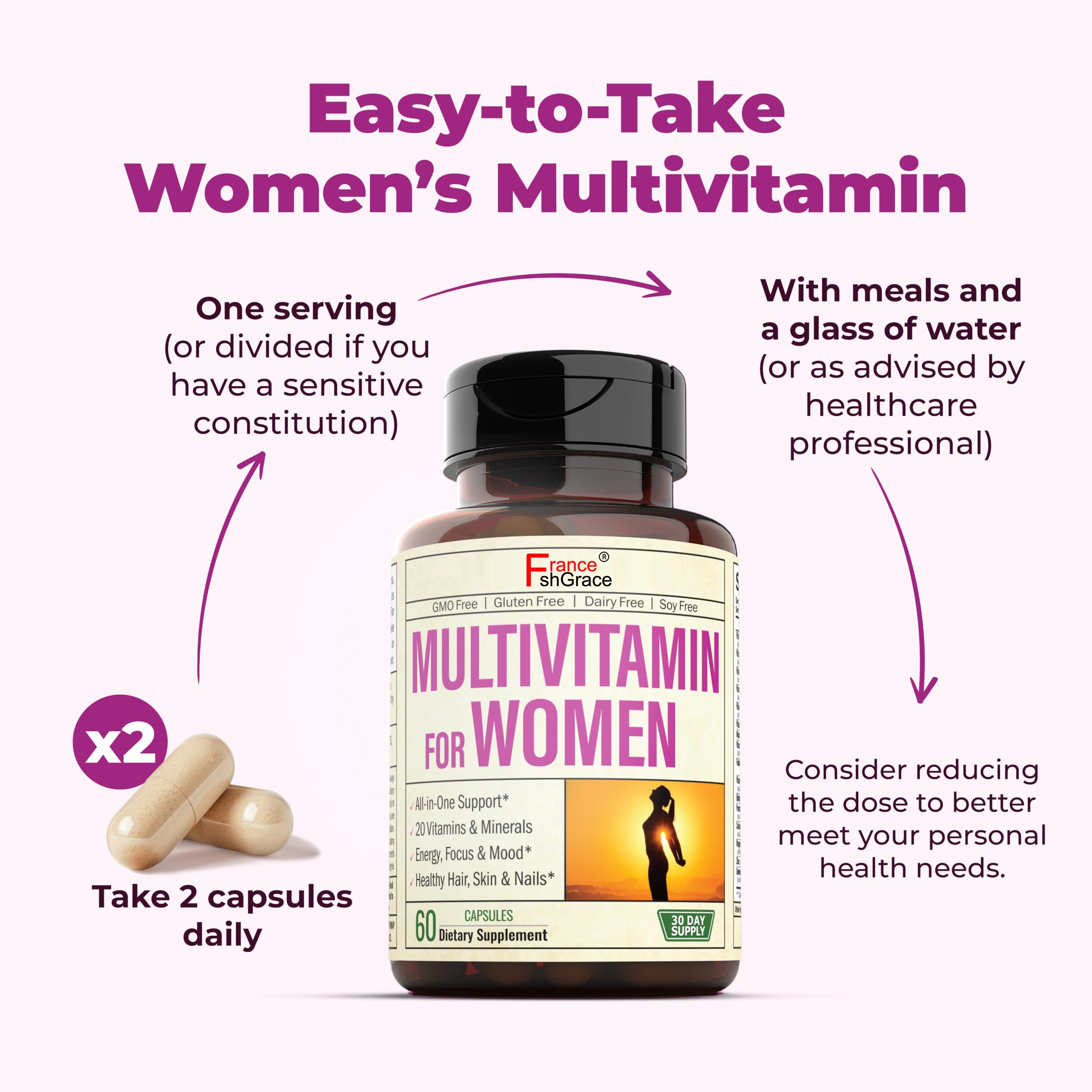 Womens Multivitamin and Multimineral Supplement Energy Mood Hair Skin Nails Daily Multivitamins A B C D E Zinc Calcium More