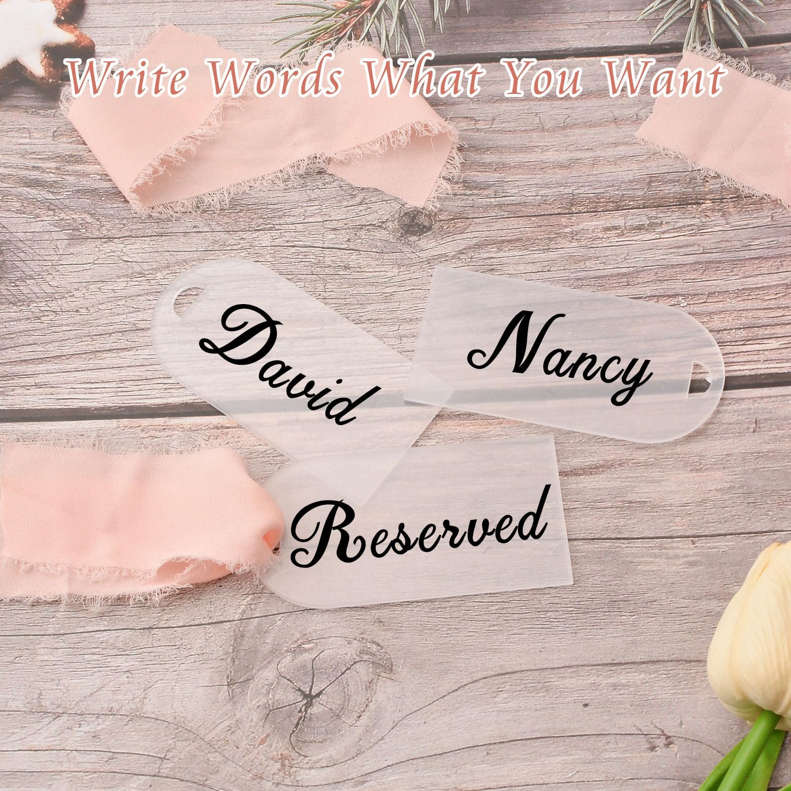 Reserved Seating Signs for Chairs Wedding, Blank Acrylic Reserved Signs with Pink Silk Ribbon for Wedding Clear Chairs Signs