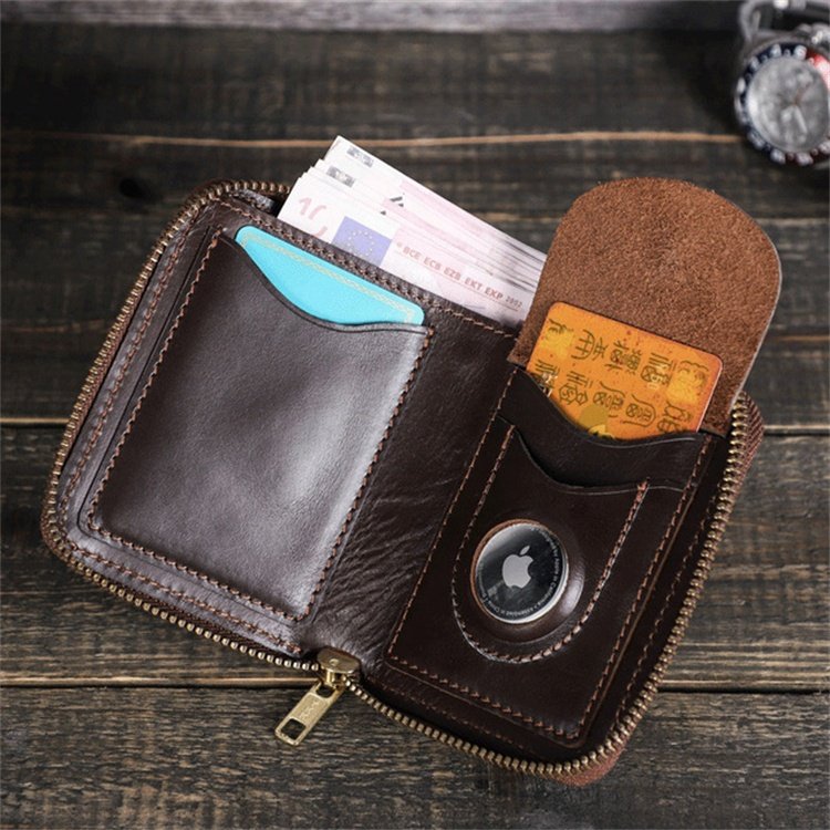 Genuine Leather Wallet Money Bag With Tracker Holder RFID Zipper Card Bag Anti-lost Coin Purse