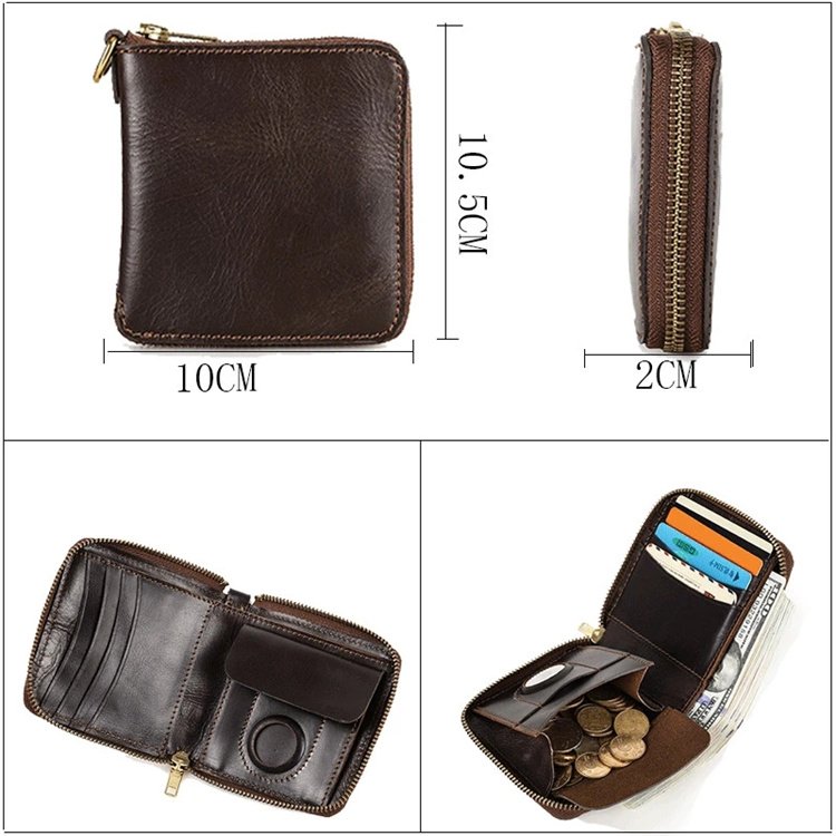 Genuine Leather Wallet Money Bag With Tracker Holder RFID Zipper Card Bag Anti-lost Coin Purse