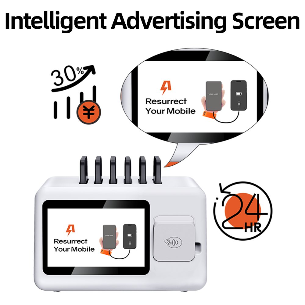 1280*800px screen smartphone shared powerbank 5000 mah power bank publicidad restaurant pos rental charging station
