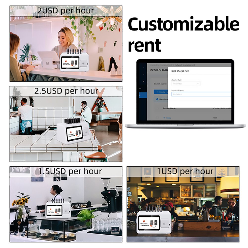 1280*800px screen smartphone shared powerbank 5000 mah power bank publicidad restaurant pos rental charging station