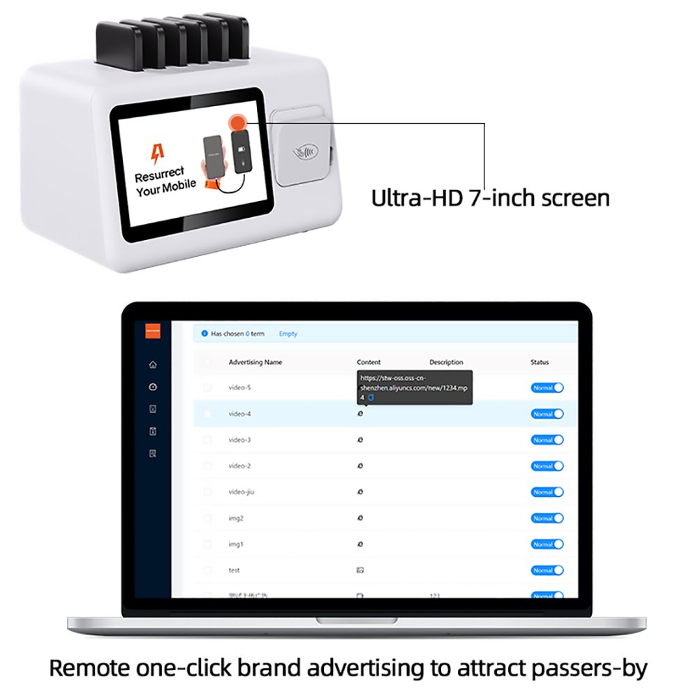 1280*800px screen smartphone shared powerbank 5000 mah power bank publicidad restaurant pos rental charging station