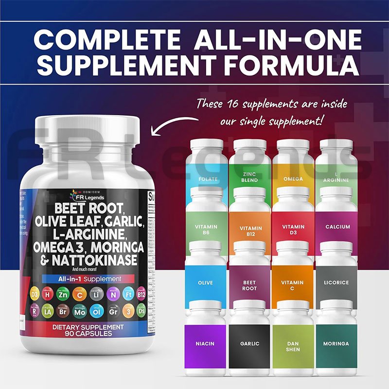 Beet Root Capsules 6000mg Olive Leaf 6000mg Nattokinase 4000 FU Garlic Extract L-Arginine Omega 3 For Healthy Support Supplement