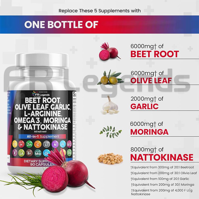 Beet Root Capsules 6000mg Olive Leaf 6000mg Nattokinase 4000 FU Garlic Extract L-Arginine Omega 3 For Healthy Support Supplement