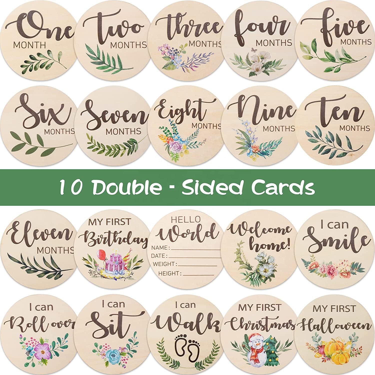 High Quality 10 PC Double Sided Printed Wooden Baby Milestone Plaque Cards for Newborn Disc