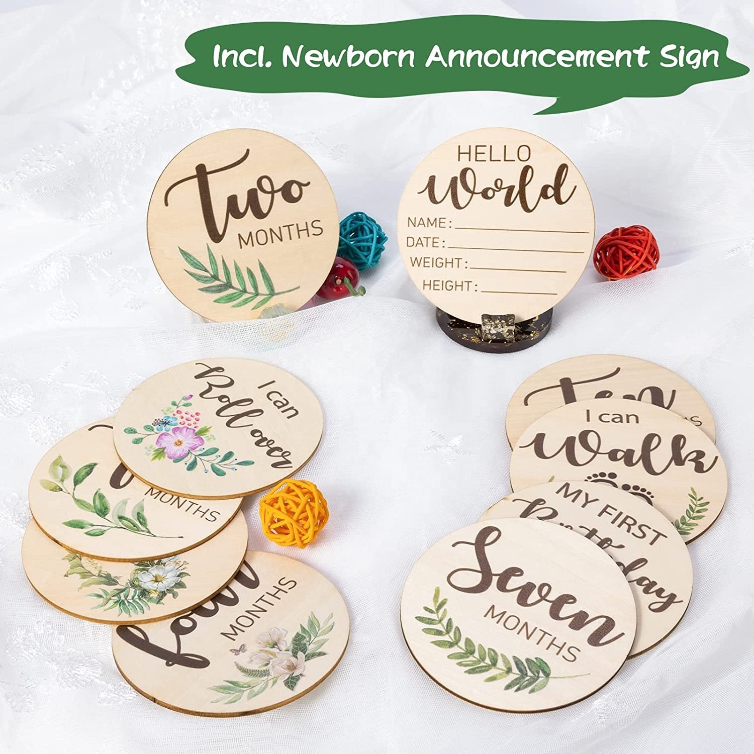 High Quality 10 PC Double Sided Printed Wooden Baby Milestone Plaque Cards for Newborn Disc