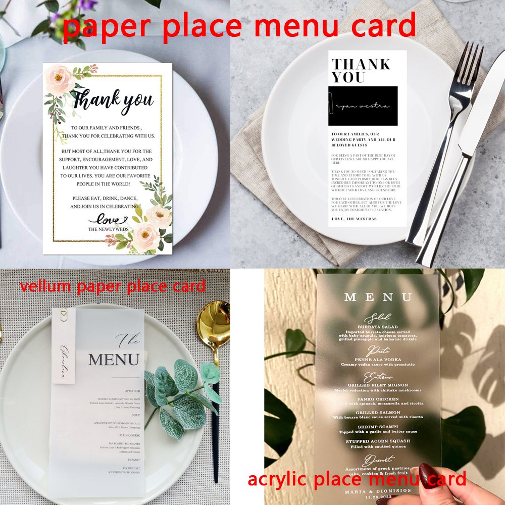 Party guest seating escort sign reception decorations custom Vellum paper Wedding Menu Cards table Place name card