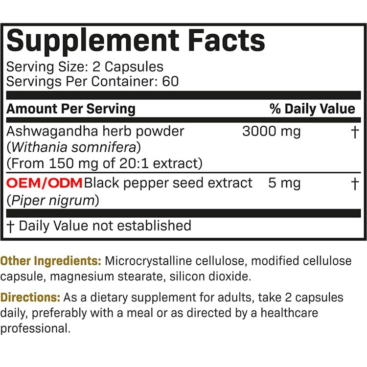 120 Capsules Ashwagandha Capsules Extra Strength 3000mg Stress Relief Formula Focus and Energy Support Supplement