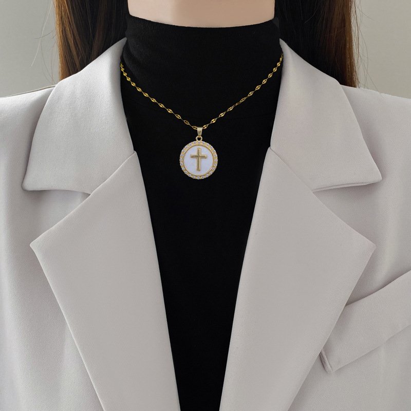 Sming New July 18K Gold Plated Stainless Steel Round Aquamarine Shell Cross Pendant High-Quality Necklace Jewelry