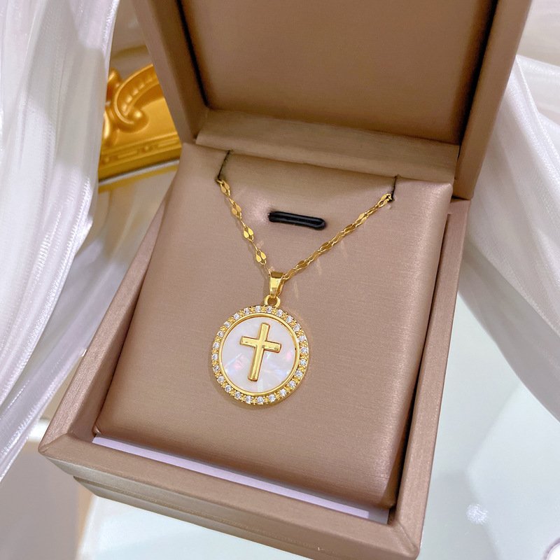 Sming New July 18K Gold Plated Stainless Steel Round Aquamarine Shell Cross Pendant High-Quality Necklace Jewelry