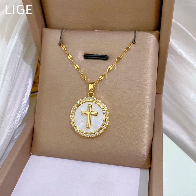 Sming New July 18K Gold Plated Stainless Steel Round Aquamarine Shell Cross Pendant High-Quality Necklace Jewelry