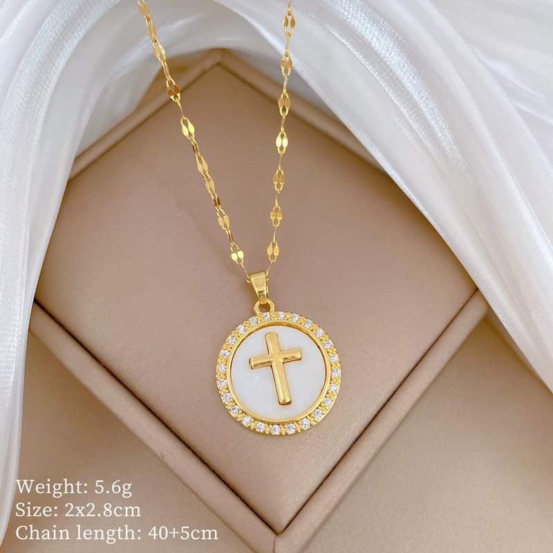 Sming New July 18K Gold Plated Stainless Steel Round Aquamarine Shell Cross Pendant High-Quality Necklace Jewelry