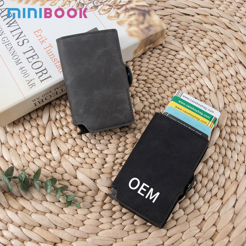 Vintage PU Leather credit card holder for men rfid steel wallet retractable id card holder rfid blocker wallet with gift box