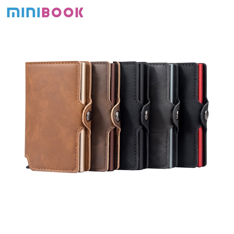 Vintage PU Leather credit card holder for men rfid steel wallet retractable id card holder rfid blocker wallet with gift box