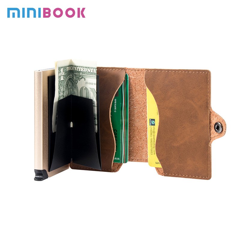Vintage PU Leather credit card holder for men rfid steel wallet retractable id card holder rfid blocker wallet with gift box