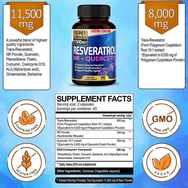 90 Count Resveratrol supplement 10 in 1 High Strength Resveratrol 11500MG with Quercetin Healthy Aging Immune Brain Boost Joint