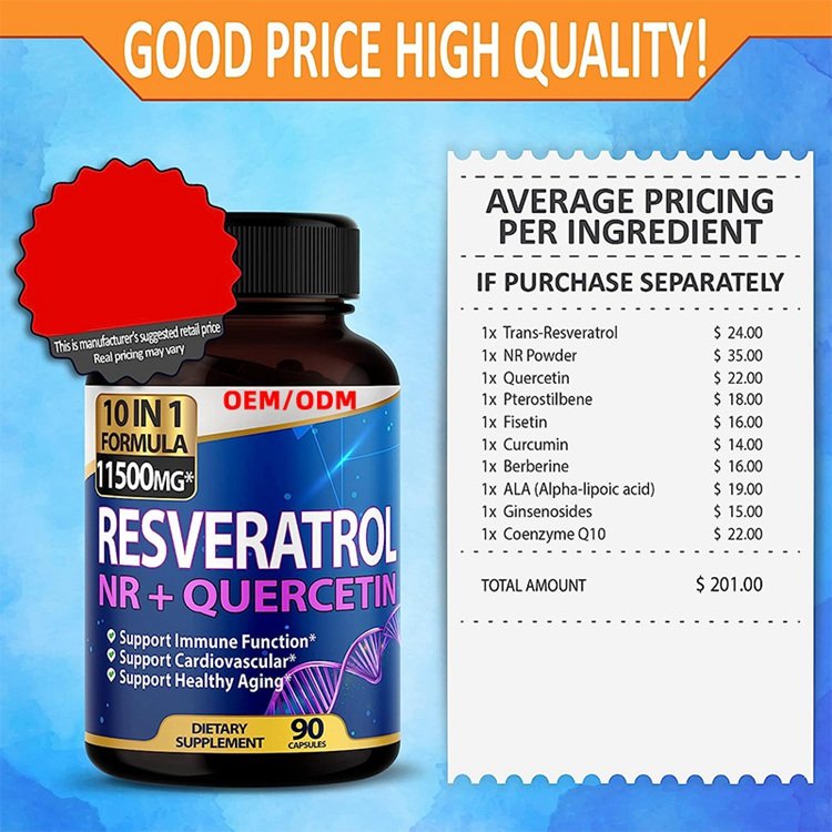 90 Count Resveratrol supplement 10 in 1 High Strength Resveratrol 11500MG with Quercetin Healthy Aging Immune Brain Boost Joint
