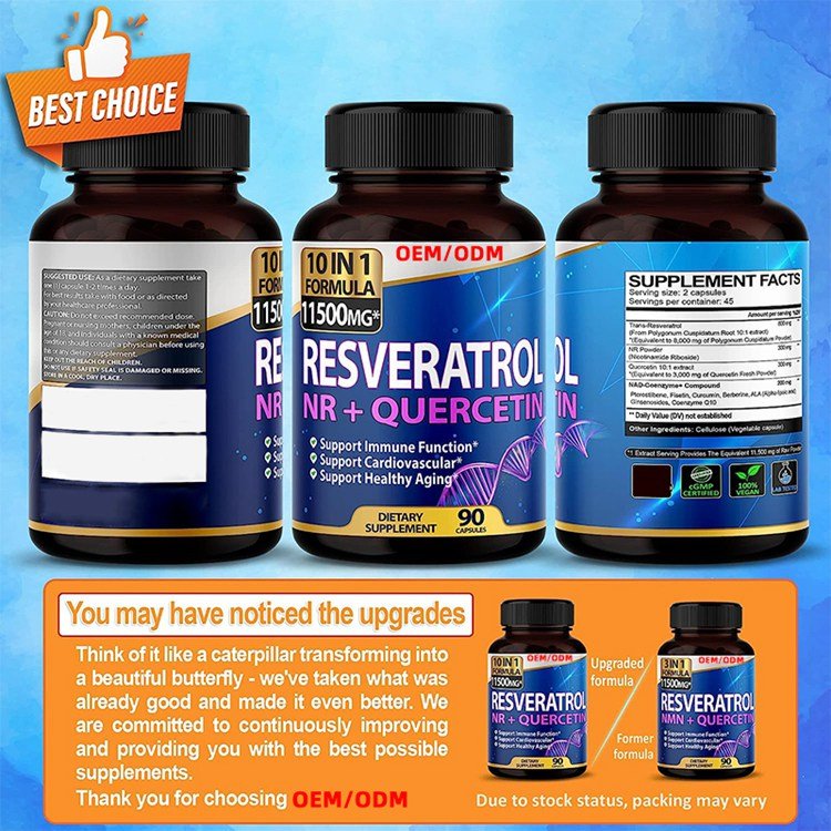 90 Count Resveratrol supplement 10 in 1 High Strength Resveratrol 11500MG with Quercetin Healthy Aging Immune Brain Boost Joint