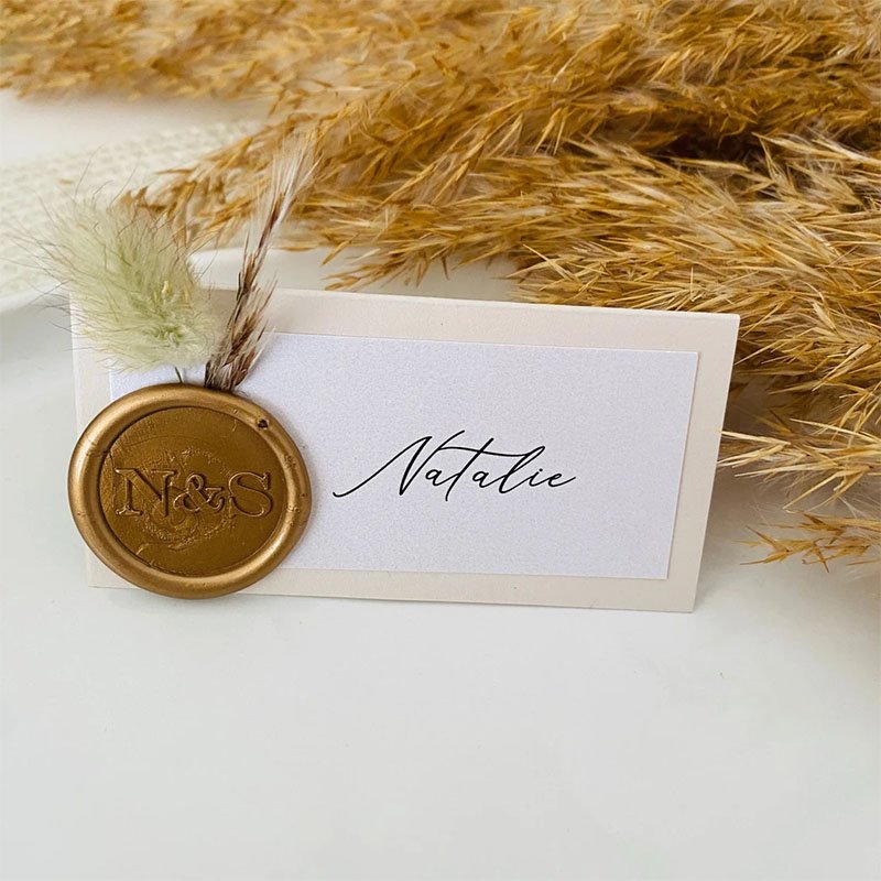 Personalized Folded Elegant Ivory And Gold Dried Flowers Place Names