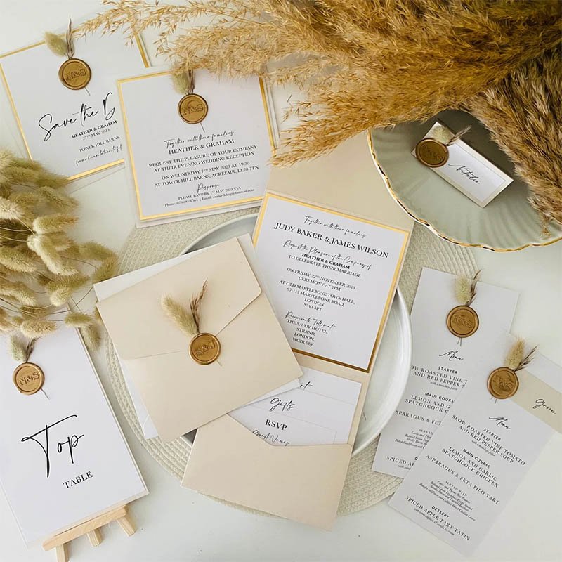 Personalized Folded Elegant Ivory And Gold Dried Flowers Place Names