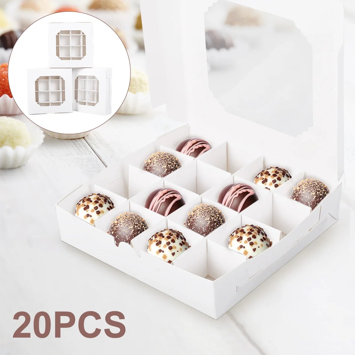 20Pcs Party Cupcake Boxes Empty White Gift Candy Boxex Inserts Clear Window Divider Chocolate Cake Packaging Bag Party Supplies