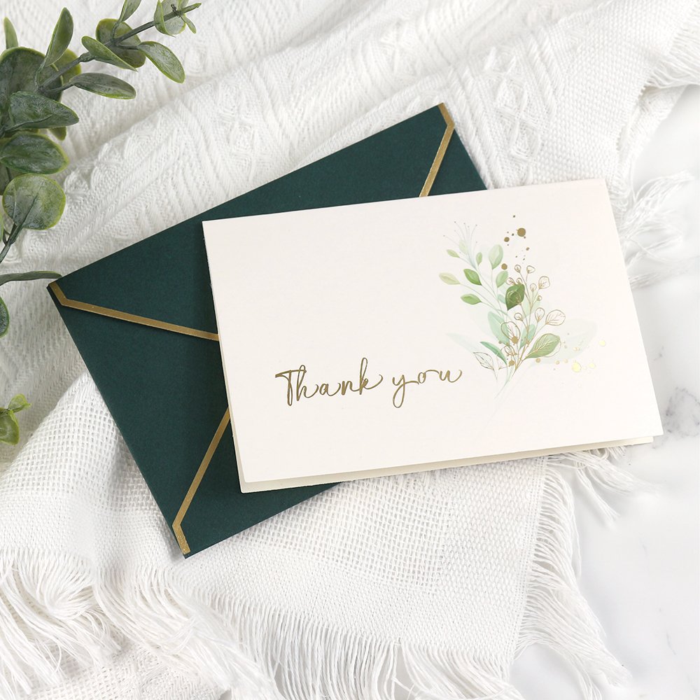 Blessing Cards With Envelope Green Leaves Decoration Gold Stamping Thank You Greeting Card