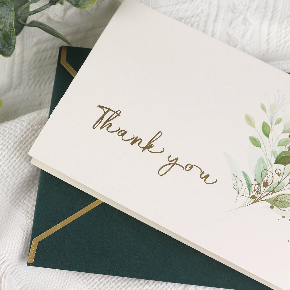 Blessing Cards With Envelope Green Leaves Decoration Gold Stamping Thank You Greeting Card