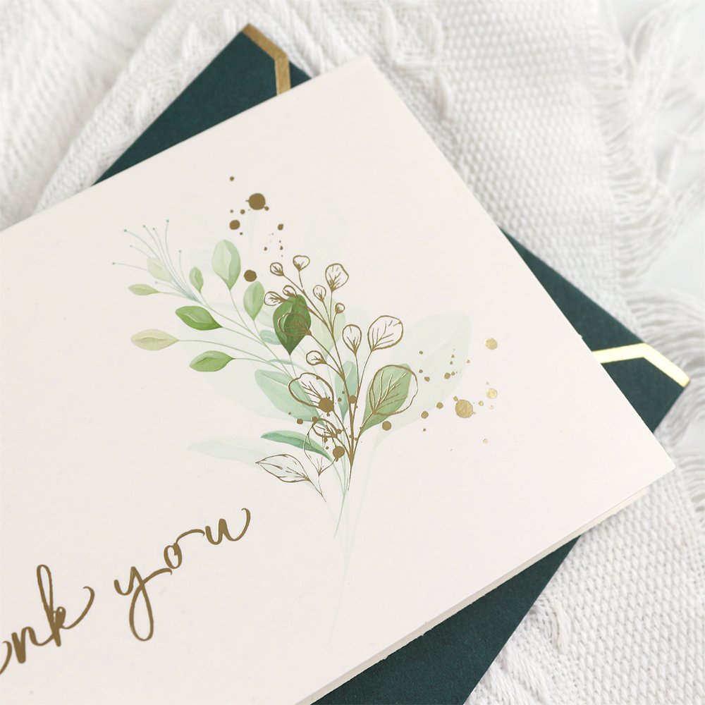 Blessing Cards With Envelope Green Leaves Decoration Gold Stamping Thank You Greeting Card