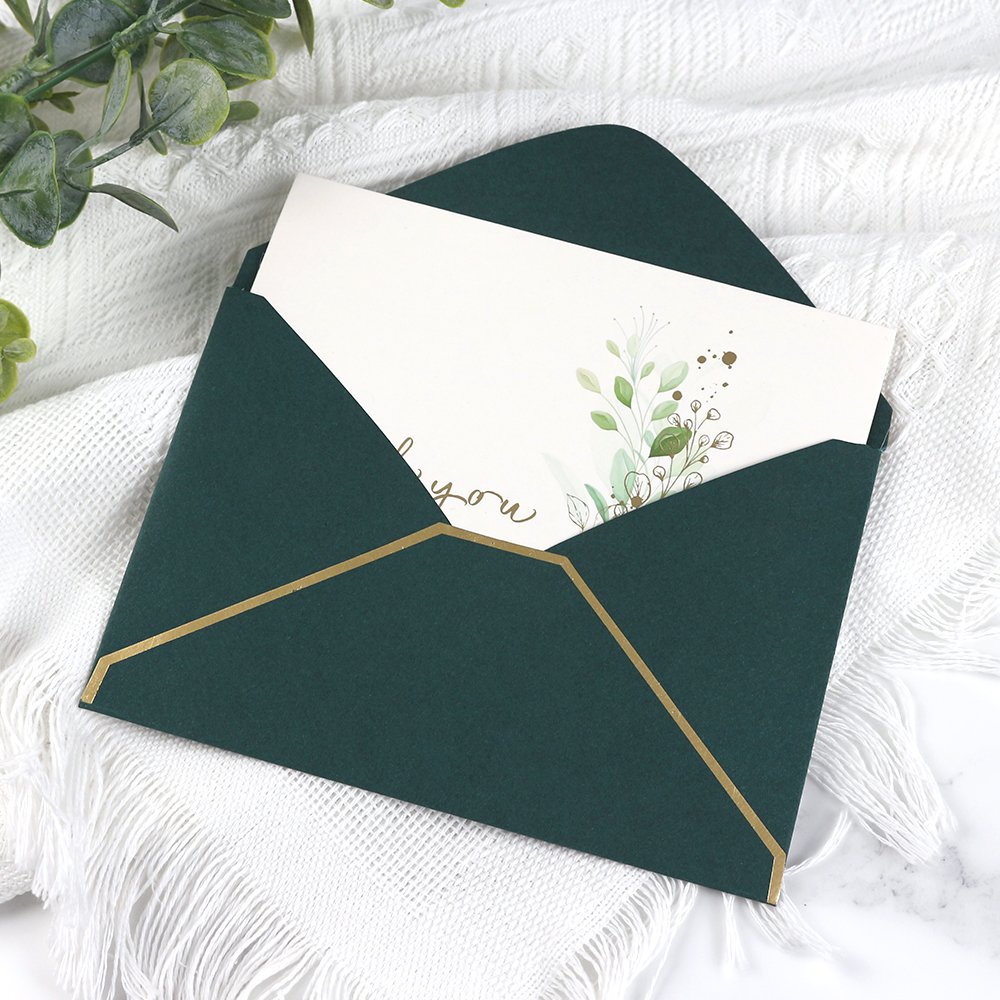 Blessing Cards With Envelope Green Leaves Decoration Gold Stamping Thank You Greeting Card