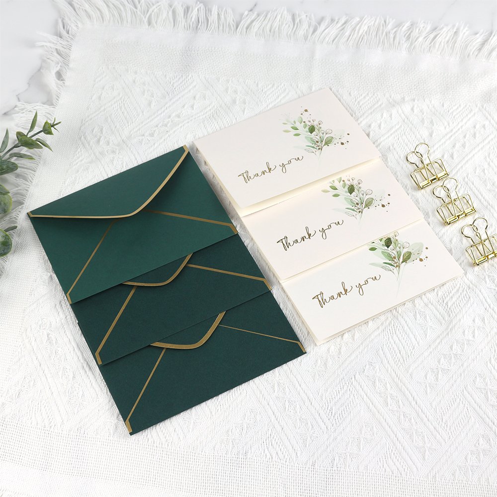 Blessing Cards With Envelope Green Leaves Decoration Gold Stamping Thank You Greeting Card