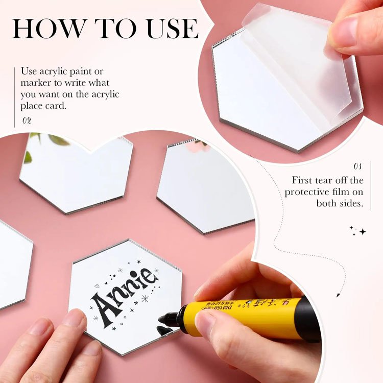 Mirror Hexagon Acrylic Place Cards for Wedding Guest Names Table Numbers Blank Rectangle Acrylic Plates