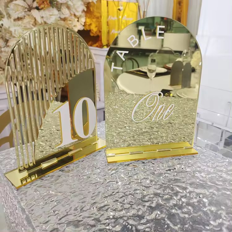 New Style Design Custom Mirror Golden Acrylic Hollow Wedding Table Number Place Card For Wedding Party Decoration