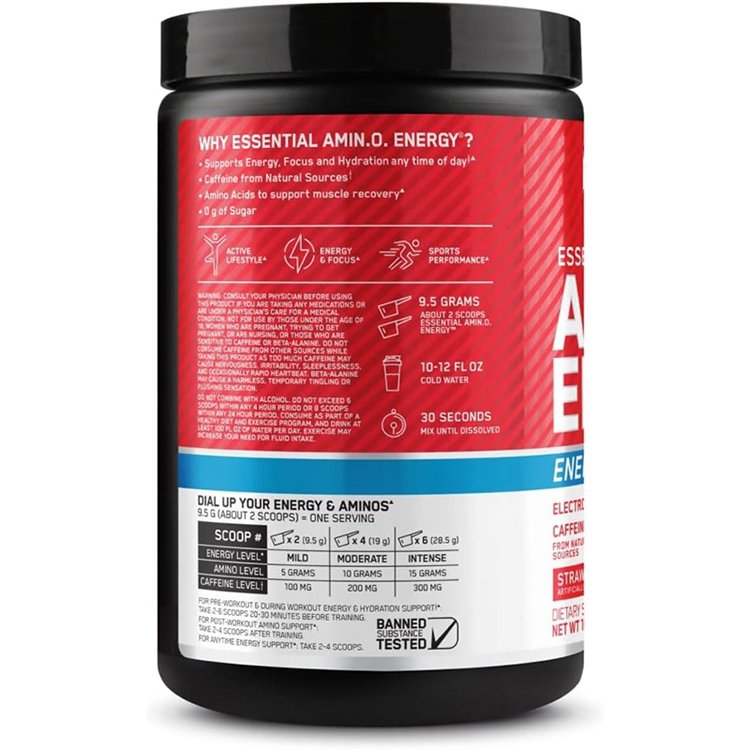 Caffeine for Pre-Workout Energy and Amino Acids/BCAAs Strawberry Burst Amino Energy Plus Electrolytes Energy Drink Powder