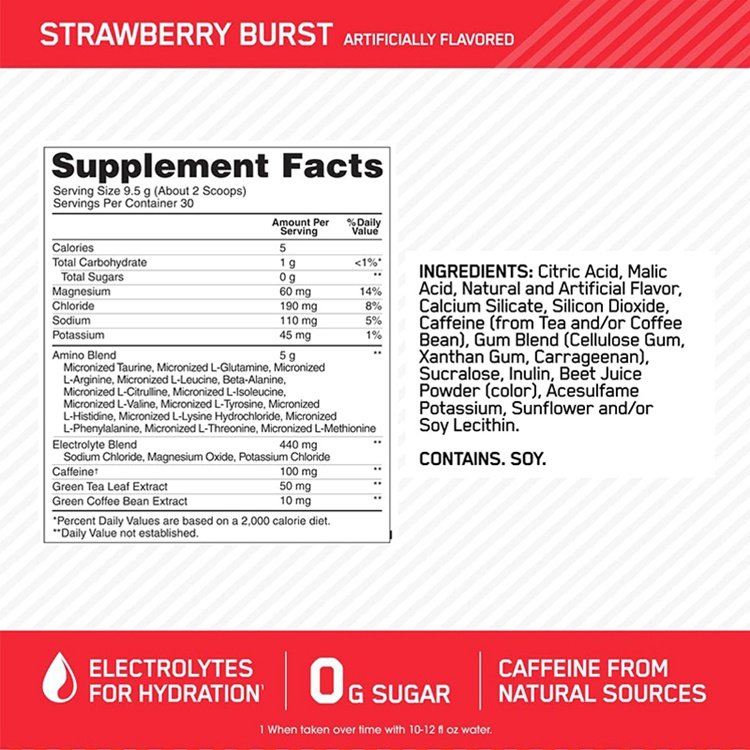 Caffeine for Pre-Workout Energy and Amino Acids/BCAAs Strawberry Burst Amino Energy Plus Electrolytes Energy Drink Powder