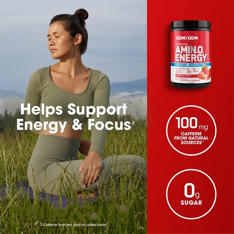 Caffeine for Pre-Workout Energy and Amino Acids/BCAAs Strawberry Burst Amino Energy Plus Electrolytes Energy Drink Powder