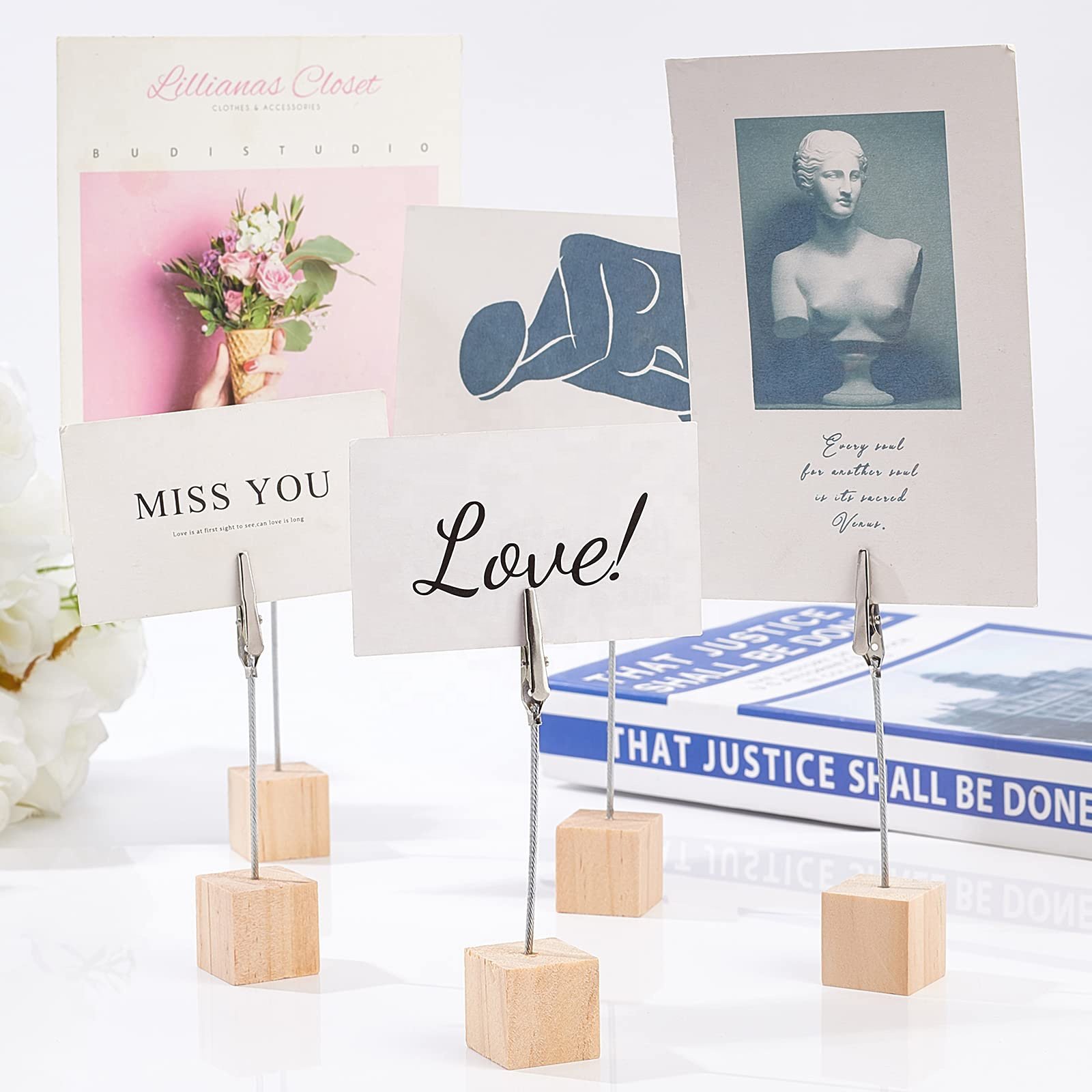 Custom Size Wooden Cube Table Numbers Holder Place Card Holder DIY Table Name Card Holder Memo Note Card with Alligator Clasp