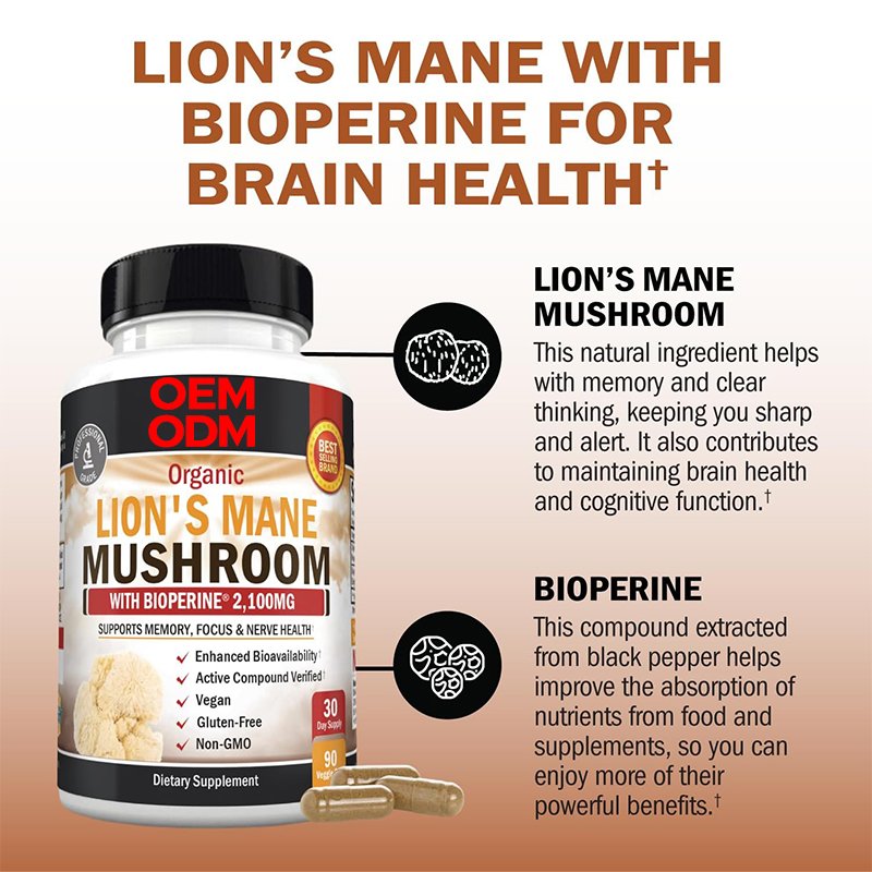 Organic Lions Mane Supplement Capsules Lions Mane Mushrooms with BioPerine Natural Nootropic Brain Supplements for Memory