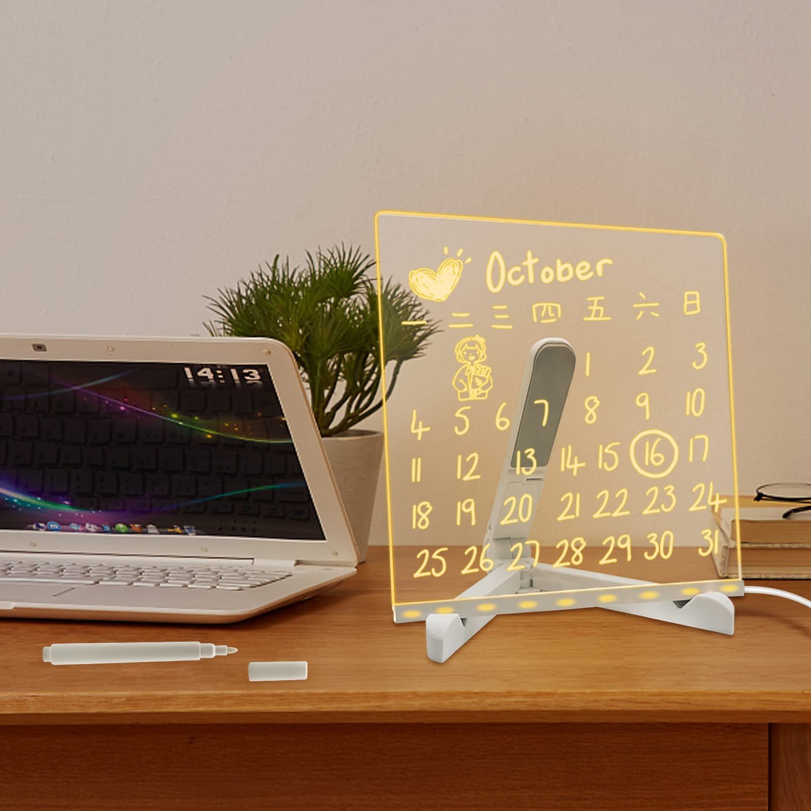 Luminous Acrylic Note Board/Message Board with Pens&Light Up Stand Acrylic Dry Erase White Board for Desktop Note Memo Lamp