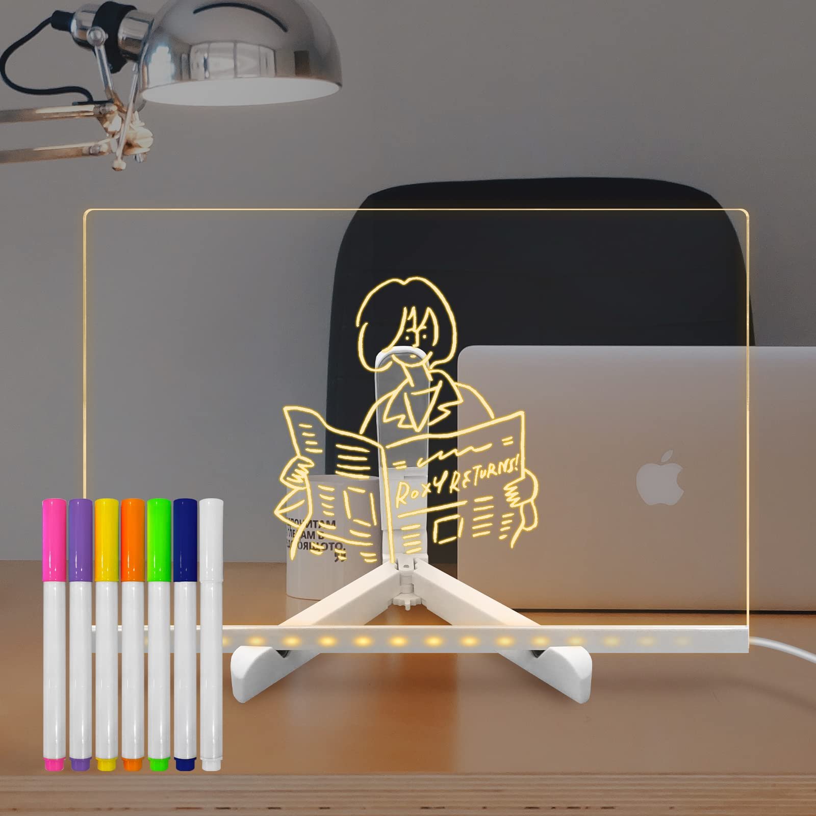 Luminous Acrylic Note Board/Message Board with Pens&Light Up Stand Acrylic Dry Erase White Board for Desktop Note Memo Lamp