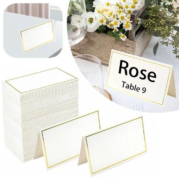 Custom 10.2*8.4cm Name Message Greeting White Paper Hot Stamping Border Place Cards & Table Numbers Stand