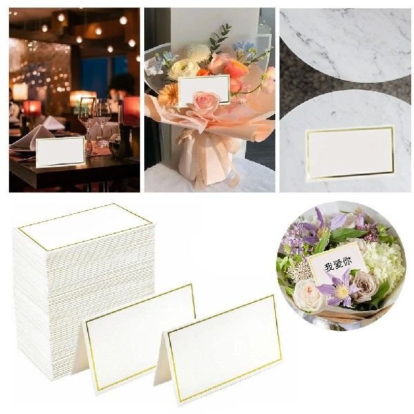 Custom 10.2*8.4cm Name Message Greeting White Paper Hot Stamping Border Place Cards & Table Numbers Stand