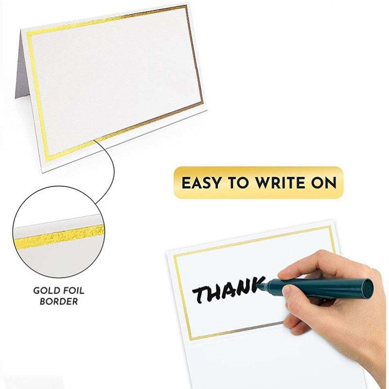 Custom 10.2*8.4cm Name Message Greeting White Paper Hot Stamping Border Place Cards & Table Numbers Stand