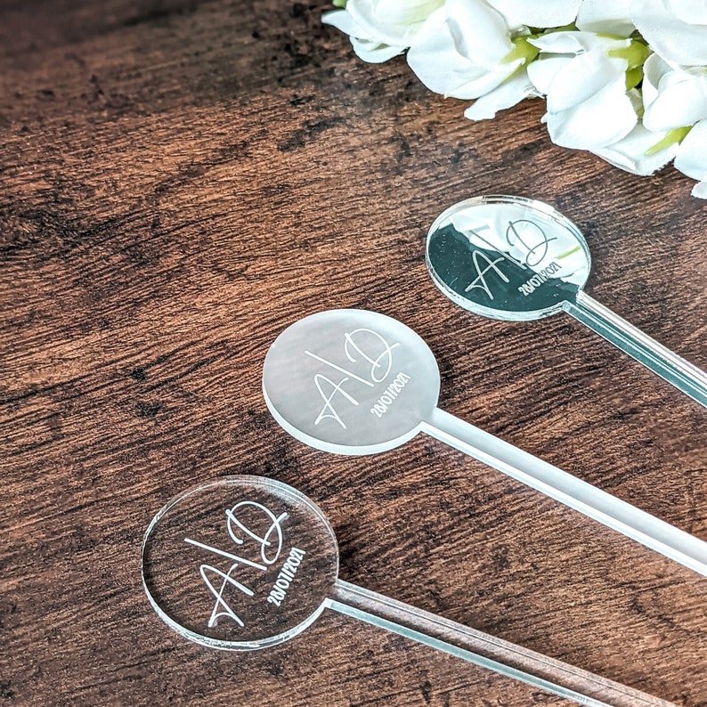engraved different names on clear / frosted Acrylic Drink Stirrers and Cocktail Swizzle Sticks and Escort Place Cards