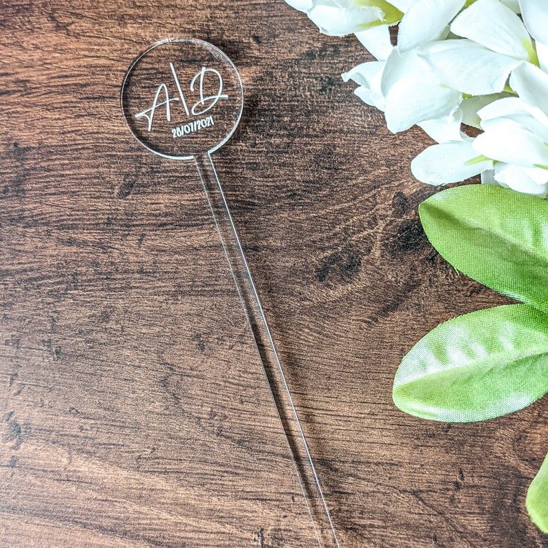 engraved different names on clear / frosted Acrylic Drink Stirrers and Cocktail Swizzle Sticks and Escort Place Cards